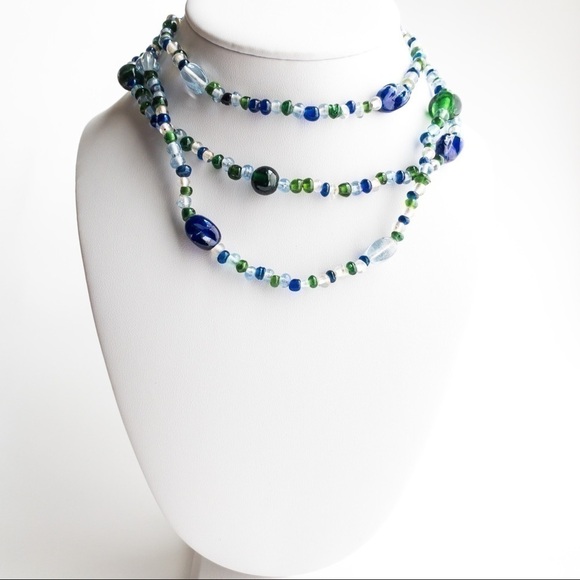 Vintage Coro Necklace Beaded Glass Long Flapper Necklace Blue Green Clear - Picture 3 of 10